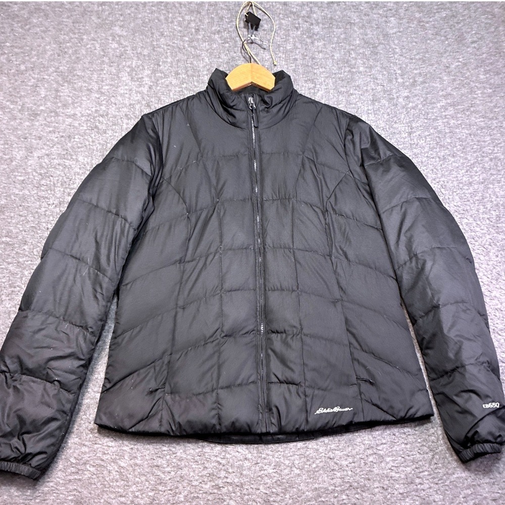 Eddie Bauer Puffer Jacket Women Medium Black EB650 Down Insulated Full Zip